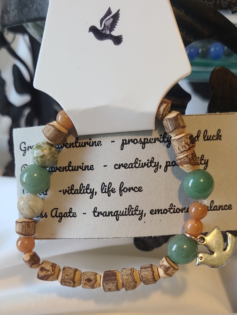 Grey Dove Creations Handmade Green Adventurine,Wood Beaded Dove Charm Bracelet